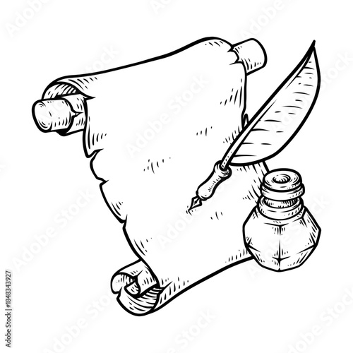 vintage magic scroll and ancient pen vector line art drawing illustration