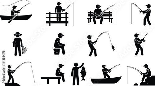 Fishing silhouette icon set showing anglers in boat pier and shore activities, casting rods and catching fish, black vector figures isolated on white background