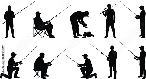 Fishing man silhouette set showing anglers with rods in various poses, outdoor leisure activity, black vector figures isolated on white background