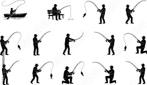 Fishing silhouette collection showing anglers casting rods, catching fish and relaxing, outdoor sport activity poses, black vector figures isolated on white background
