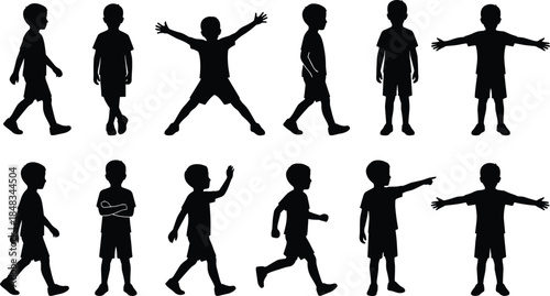 Kids silhouette collection showing children in playful poses, walking running and pointing actions, joyful childhood activities, black vector figures isolated on white background