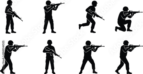 Military soldier silhouette set showing armed combat poses, tactical movements, infantry actions, black vector figures isolated on white background