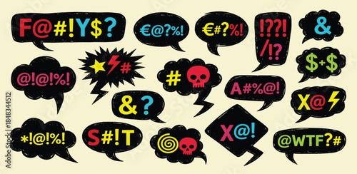 Energetic collection of hand-drawn comic speech bubbles featuring various censorship symbols, expletives, and expressive characters representing anger, frustration, and strong emotional outbursts