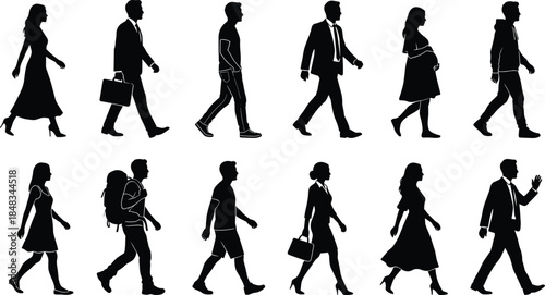 Walking people silhouette set featuring business professionals, casual pedestrians and diverse lifestyles, side view motion, black vector figures isolated on white background