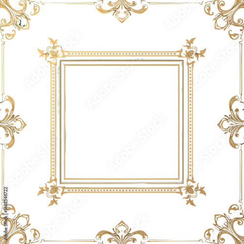 An ornate gold frame with intricate designs on a white background viewed straight on