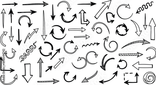 Hand drawn arrow collection with sketch style directional symbols for creative design, infographics, presentations, navigation elements, and graphic decoration