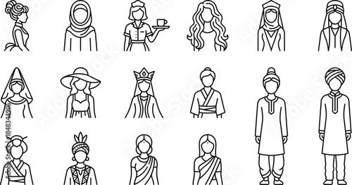 Global women cultural line icons set, with traditional costumes fashion ethnic diversity symbols vector illustration