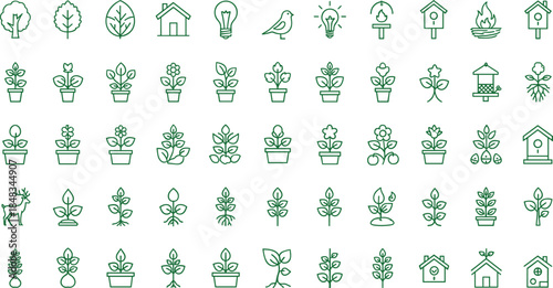 Green nature plant icons collection with leaves, flowers, trees, eco gardening symbols, botanical illustrations, organic growth elements, home garden graphics