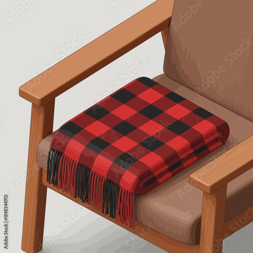 Cozy Armchair with a Red and black checkered wool blanket draped over the seat for warmth and