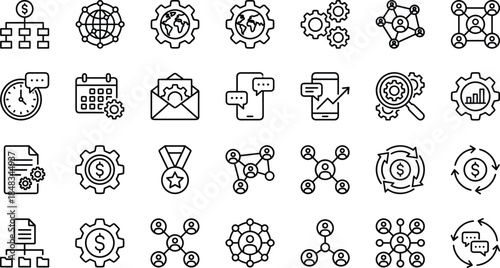 Global business network outline icon set with finance communication analytics workflow collaboration scheduling management systems and corporate growth strategy concepts