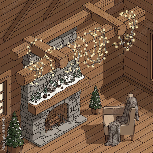 cozy cabin interior with stone fireplace and wooden beams for winter relaxation