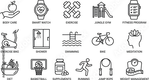 Fitness and wellness line icons set for exercise body care diet meditation running swimming smart watch weight management