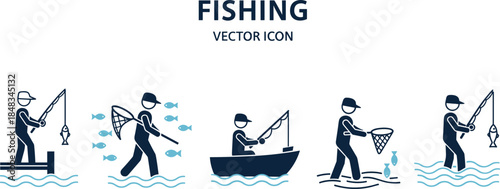 Fishing vector icon set showing fisherman activities with rod, boat, net, catching fish, outdoor sport, hobby and recreational fishing graphics