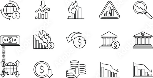Finance icons, economic symbols, global currency, stock market, banking, crisis, investment, money flow, analytics, vector line art, minimal design
