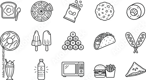 Fast food line icons set with pizza burger snacks desserts drinks kitchen appliances vector illustration outline design