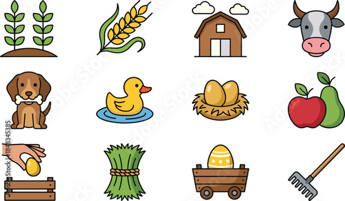 Farm and agriculture icon set: collection of farming, livestock, and harvest symbols for nature, rural life, featuring wheat, barn, cow, eggs, and fruit.