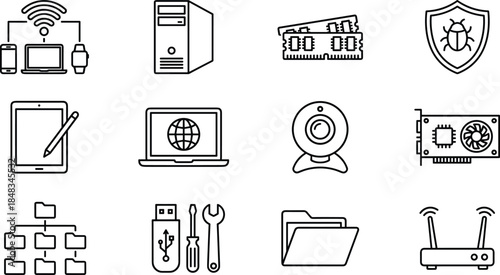 Essential Computer, Network, and Technology Line Icons Set: Vector Collection of Hardware, Software, Security, Networking, and Digital Device Maintenance Symbols for IT