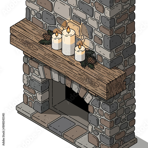 illustration of a cozy stone fireplace with a wooden mantel decorated with candles and pinecones