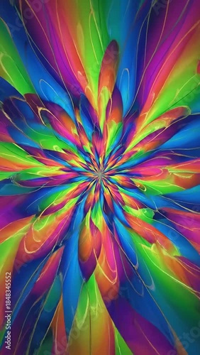 A vibrant burst of colors forms a mesmerizing fractal pattern, showcasing bright hues. The artwork radiates energy, offering a visually stunning spectacle