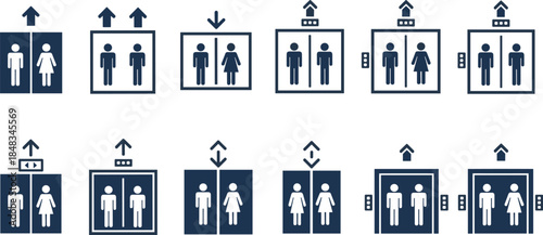 Elevator symbols and people icons set illustrating lift movement, direction signs, gender figures, up and down arrows, transportation pictogram collection
