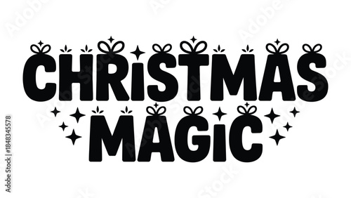 Christmas Magic Silhouette: A festive logo design, Christmas Magic in a silhouette style that evokes the spirit of the season. Featuring gift-shaped letters and sparkling stars.