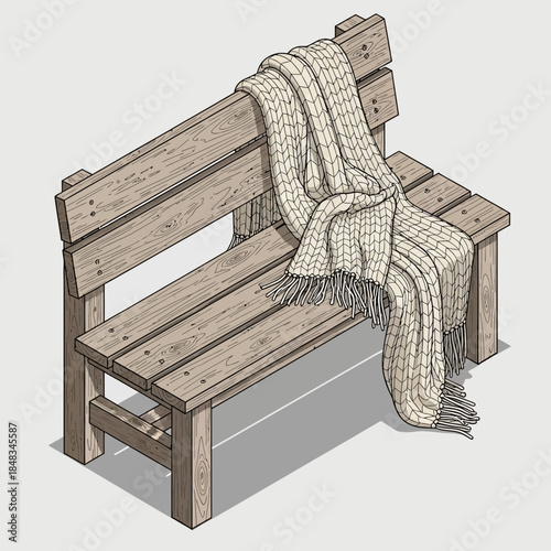 rustic wooden park bench with knitted scarf draped over backrest cozy outdoor seating