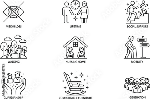 Elderly care icon set, aging, mobility, nursing home, social support, vision loss, comfort, generation, minimal line style, vector symbols
