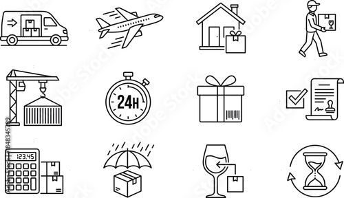 Ecommerce, delivery, logistics, line, icons, set, shipping, transport, warehouse, packaging, express, service, supply, chain, business, vector, illustration, outline, modern, design