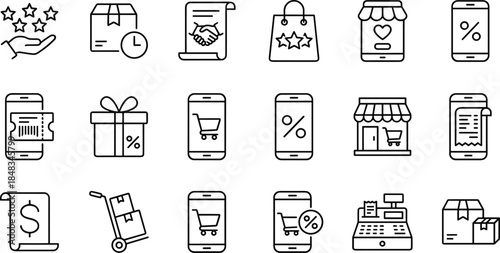 Ecommerce shopping outline icon set for mobile apps online stores discounts payments reviews delivery and retail services marketing checkout interface