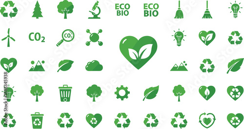 Eco friendly green environment icons collection with recycling symbols, leaves, trees, sustainability elements, renewable energy, nature conservation graphics