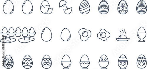 Easter egg icons set with decorated eggs, cracked eggs, boiled eggs, fried eggs, egg tray illustrations, holiday celebration graphic collection