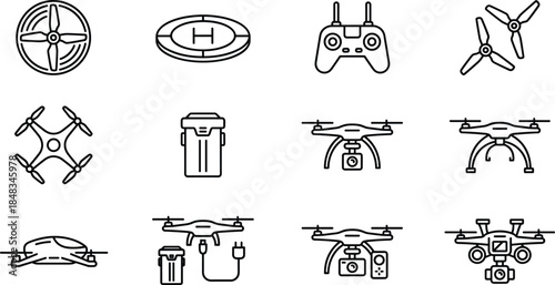 Drone line icons set, with quadcopter remote controller propeller battery aerial camera technology symbols vector illustration