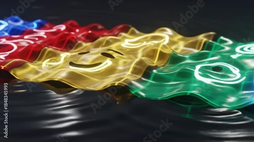 Abstract 3D rendering of wavy surfaces in vibrant colors with emoji-like symbols. Reflective water-like surface