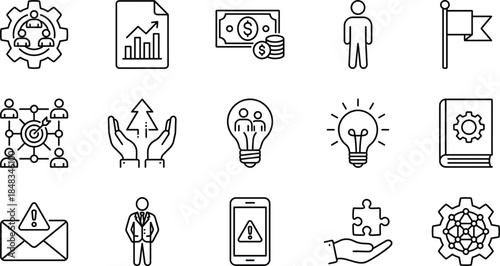 Business strategy management line icons set for growth finance teamwork innovation productivity workflow outline vector symbols collection corporate digital design
