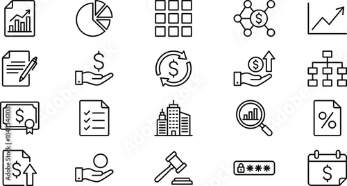 Business finance analytics icons set, featuring charts reports money growth investment strategy accounting management vector outline illustration collection