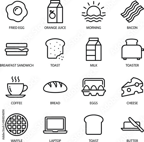 Breakfast food line icons set with egg bacon toast coffee milk morning symbols minimal outline vector illustration collection for design