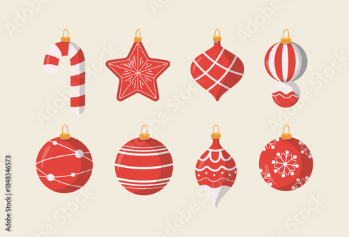 Christmas balls, gold vector design set. Gold Christmas ball decoration elements for holiday season decoration collection. Flat design Christmas balls set