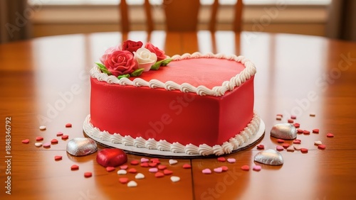 Valentine's Day heart shaped cake with roses and chocolates on table