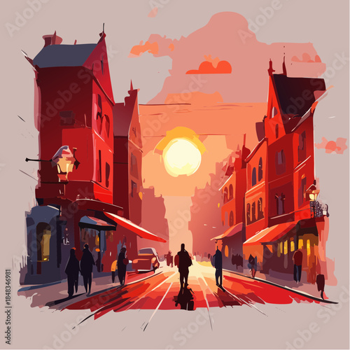 Vibrant street scene at sunset with red buildings and silhouetted figures.