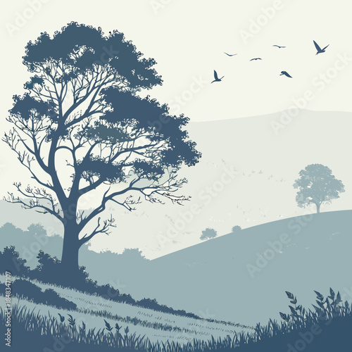 Serene landscape with flying birds