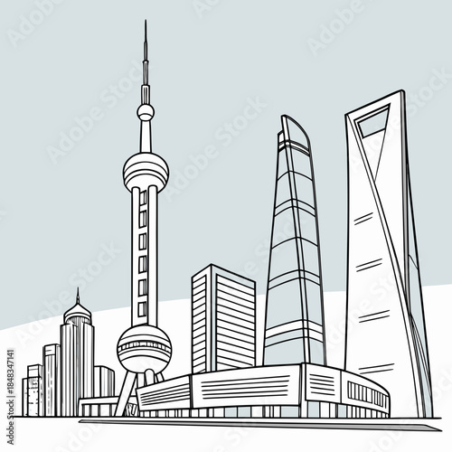 Skyline of modern city with iconic towers