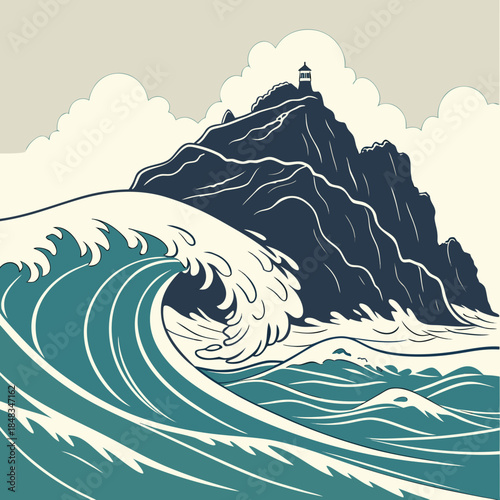 Wave crashing against a rocky cliff with a lighthouse