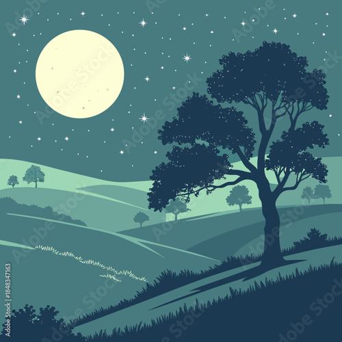 Nighttime landscape under full moon