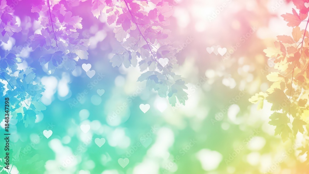Obraz premium Vibrant rainbow background with heart shaped leaves and bokeh lights