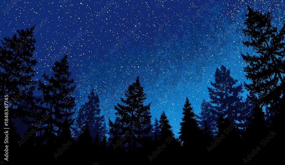 Fototapeta premium Silhouettes of pine trees against a starry night sky