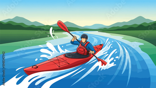 Outdoor Kayaking Sport Vector Illustration with Man Paddling Red Kayak on Fast River Water with Mountain Landscape and Blue Sky Background