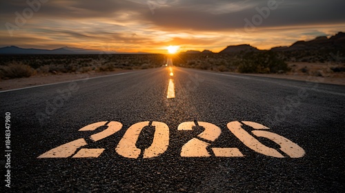 Approaching 2026 on asphalt road with a glowing sunset on the horizon symbolizing hope and new beginnings for the upcoming year.
