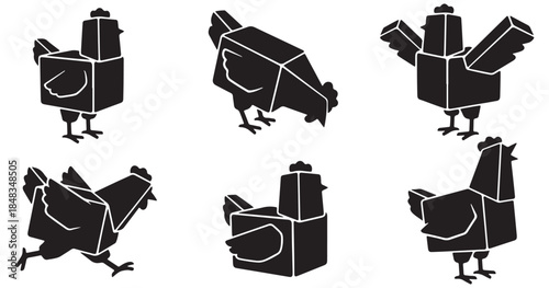 Set of six stylized black chicken icons in different poses, presented on a white background.