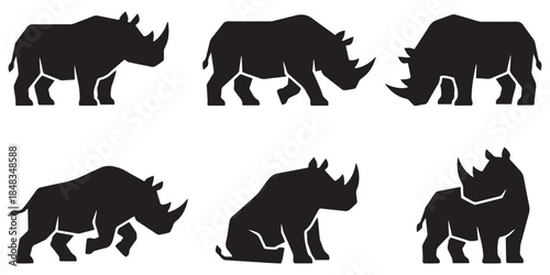 Collection of black rhino silhouettes in various poses, representing wildlife and nature conservation.