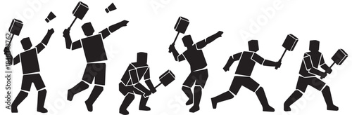 Set of stylized silhouettes of people playing badminton, showing various actions and poses in a sequence.
